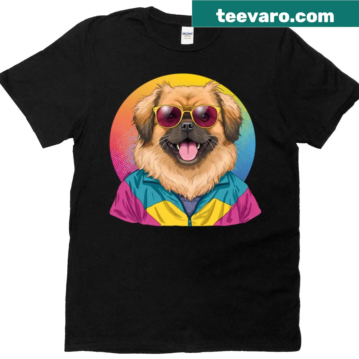 Retro-inspired T-shirt featuring a Pekingese dog design — on a men's t-shirt
