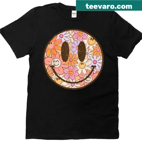 Retro floral smile face graphic t-shirt suitable for all ages