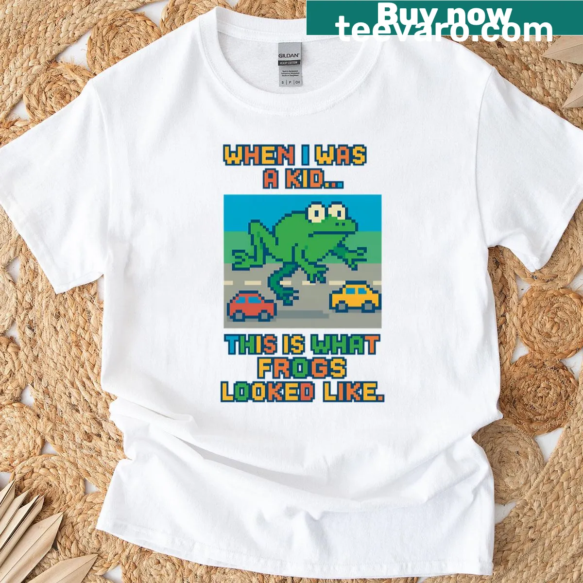 Nostalgic Frogger game graphic on T-shirt — on a men's t-shirt
