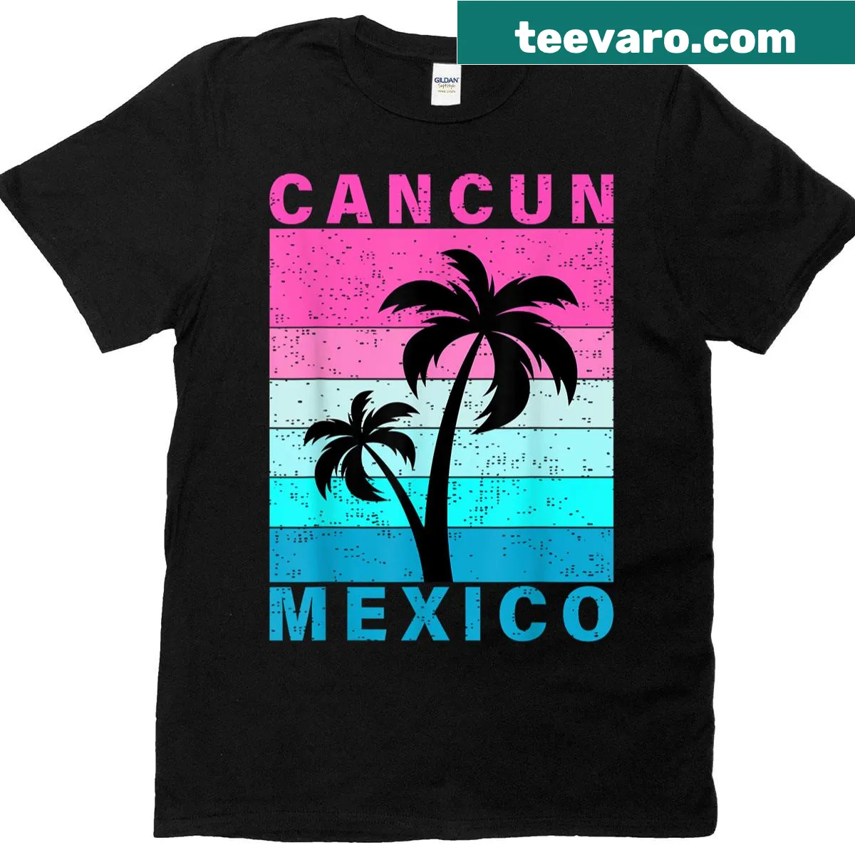 Retro tropical sunset graphic t-shirt inspired by Cancun beach — on a men's t-shirt
