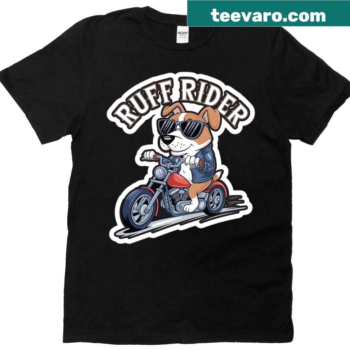 Funny oversized t-shirt with dog riding a motorcycle illustration — on a men's t-shirt