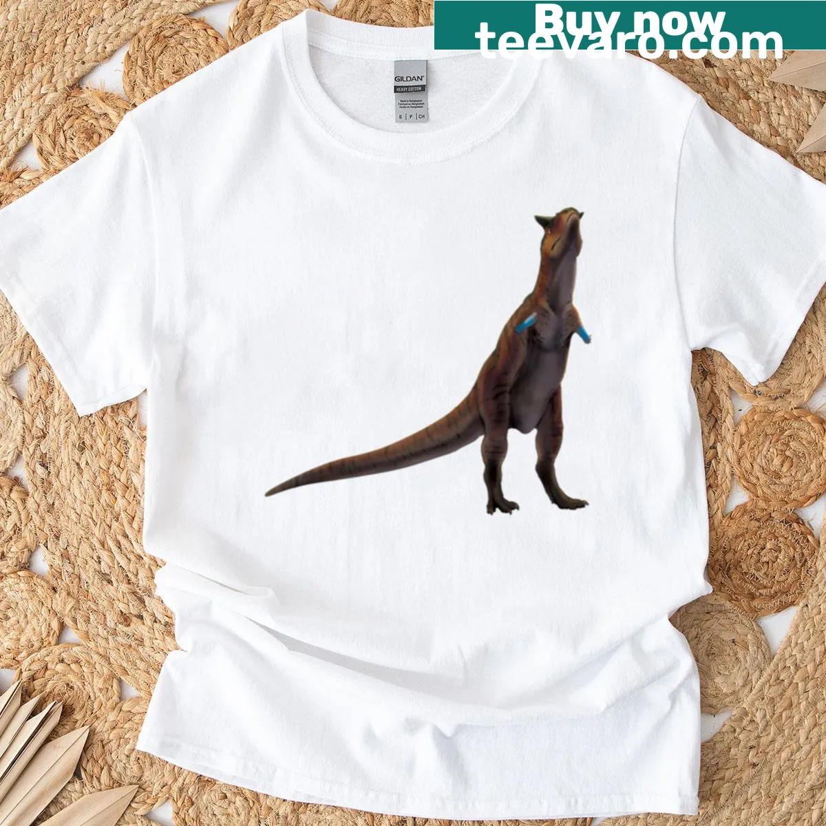 Illustrated sad Carnotaurus with large eyes and a frown on a t-shirt — on a men's t-shirt