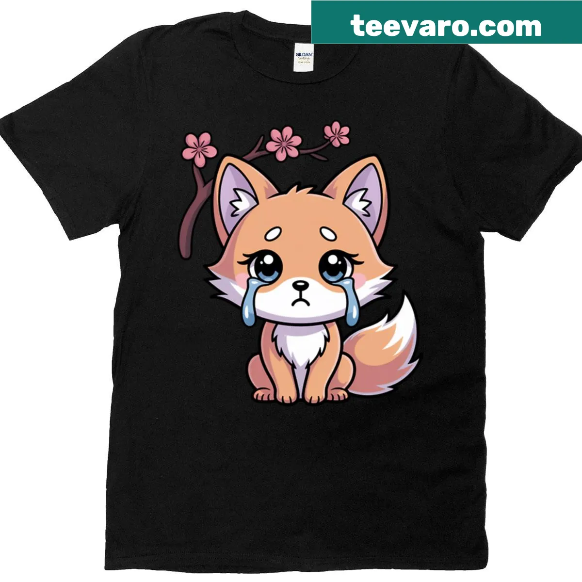 Oversized t-shirt featuring a sad kitsune emoji in cartoon style — on a men's t-shirt
