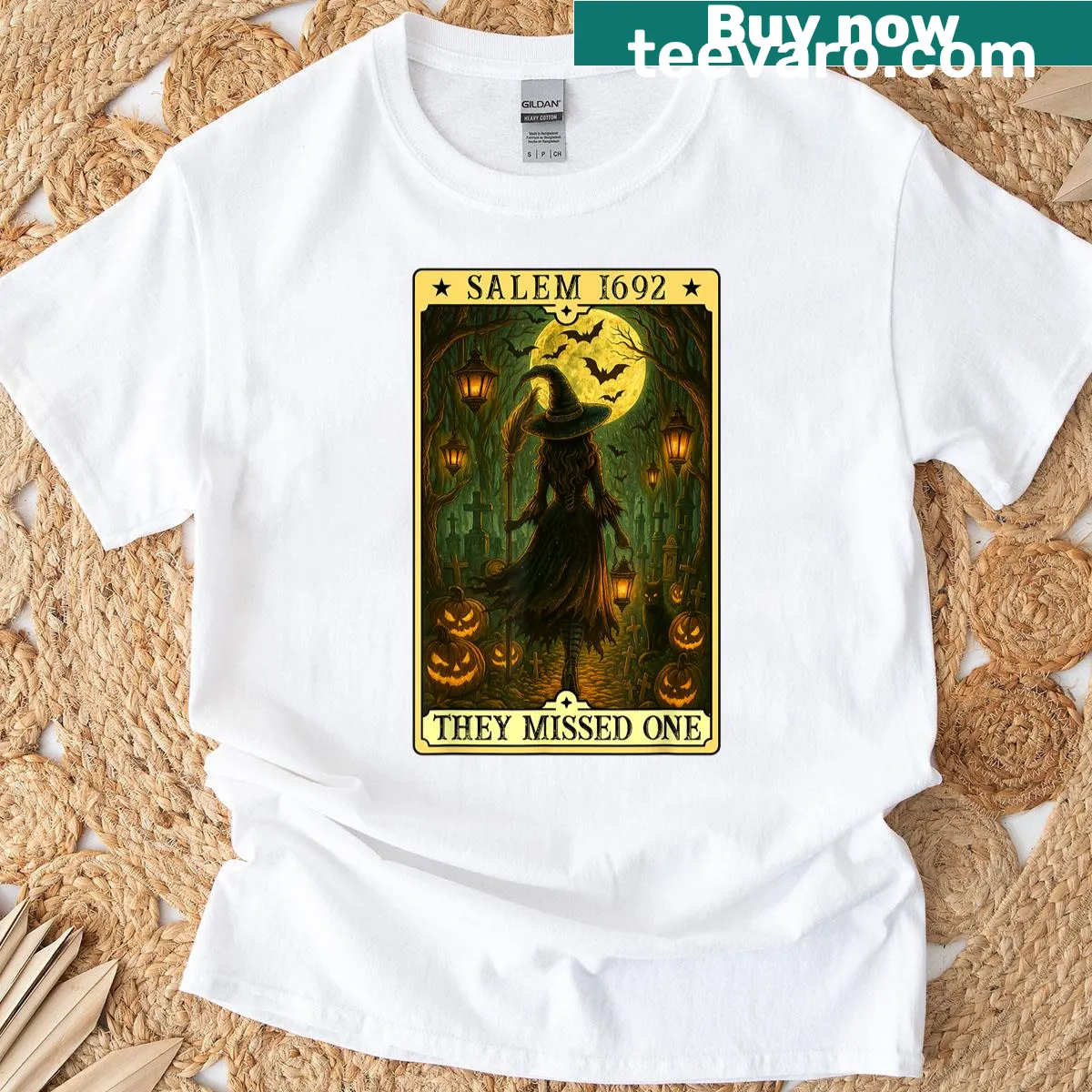 Halloween-themed T-shirt with a tarot card and witch illustration — on a men's t-shirt