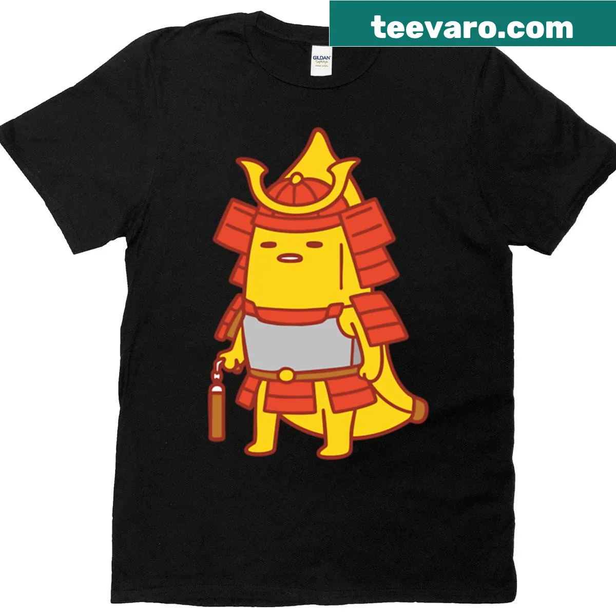 T-shirt featuring a cartoon banana in samurai armor — on a men's t-shirt
