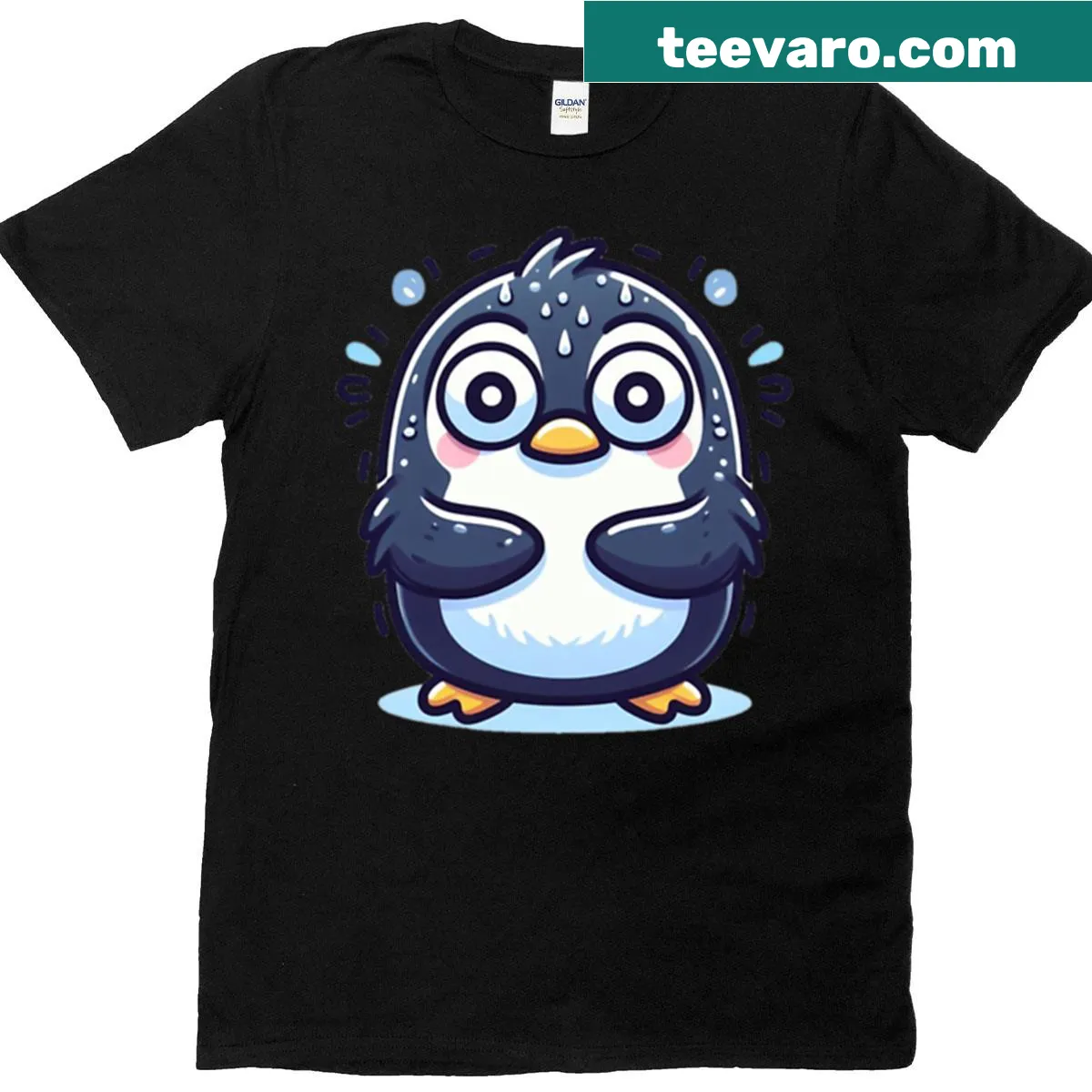 Cartoon penguin with puffed feathers on funny surprised bird t-shirt — on a men's t-shirt