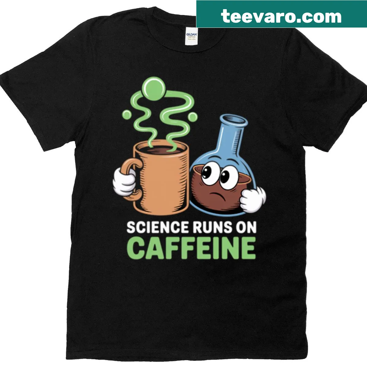 Text graphic stating 'Science Runs On Caffeine' — on a men's t-shirt