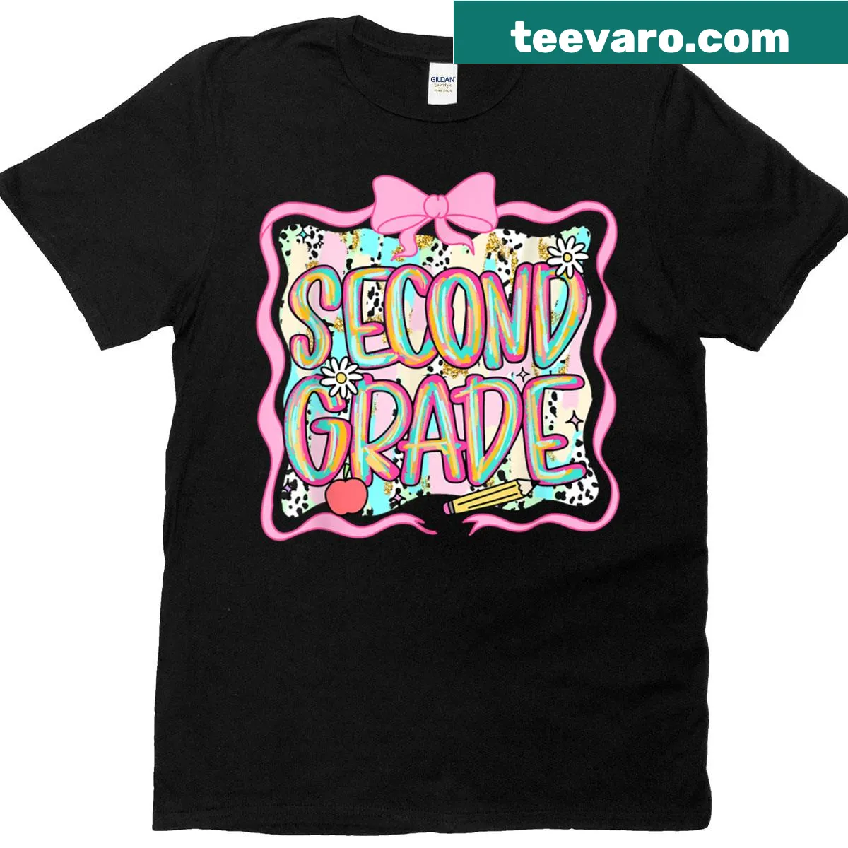 Graphic design with text 'Second Grade Teacher' in pink brushstroke — on a men's t-shirt