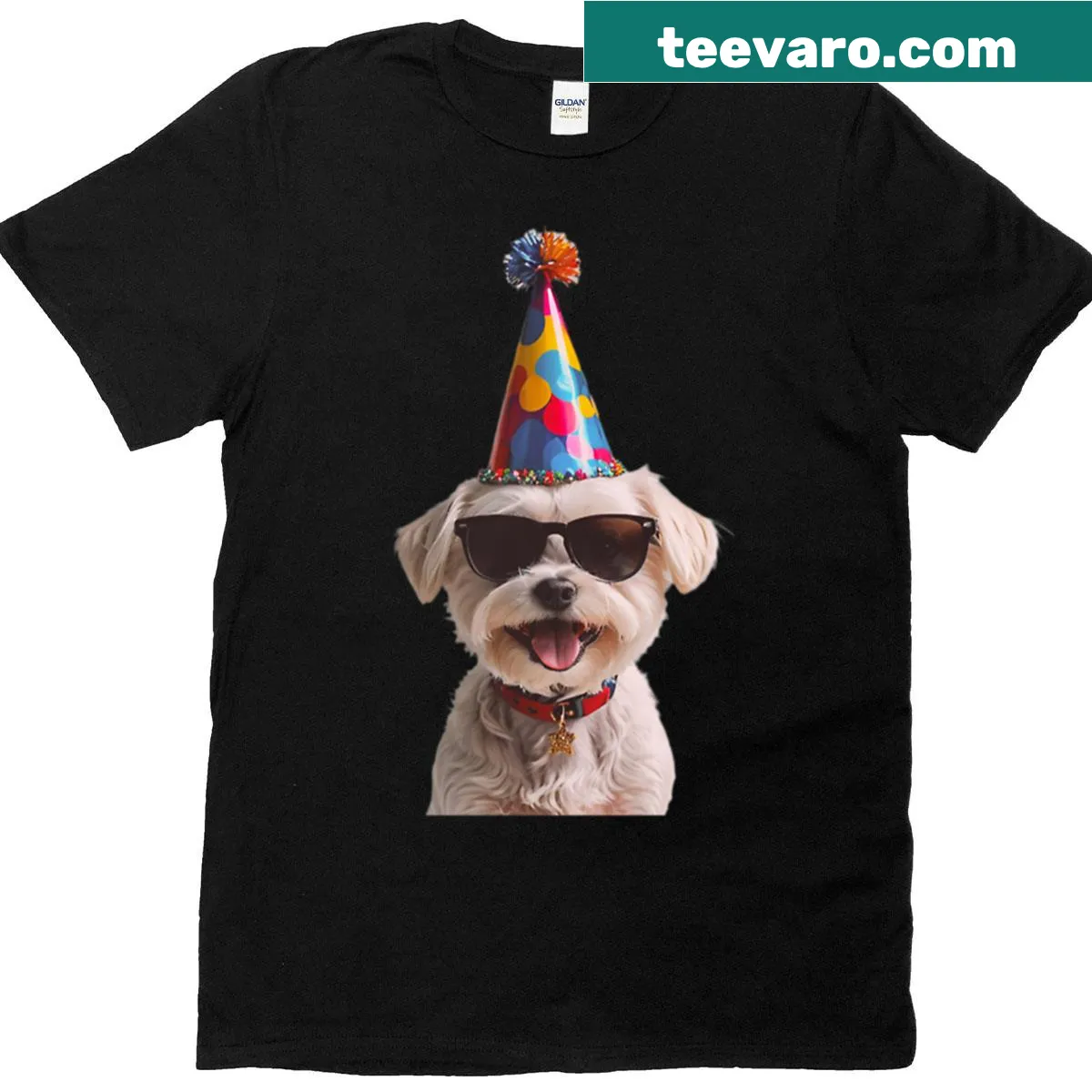 Cute T-shirt featuring a Shih Tzu dog in a birthday hat and balloons — on a men's t-shirt
