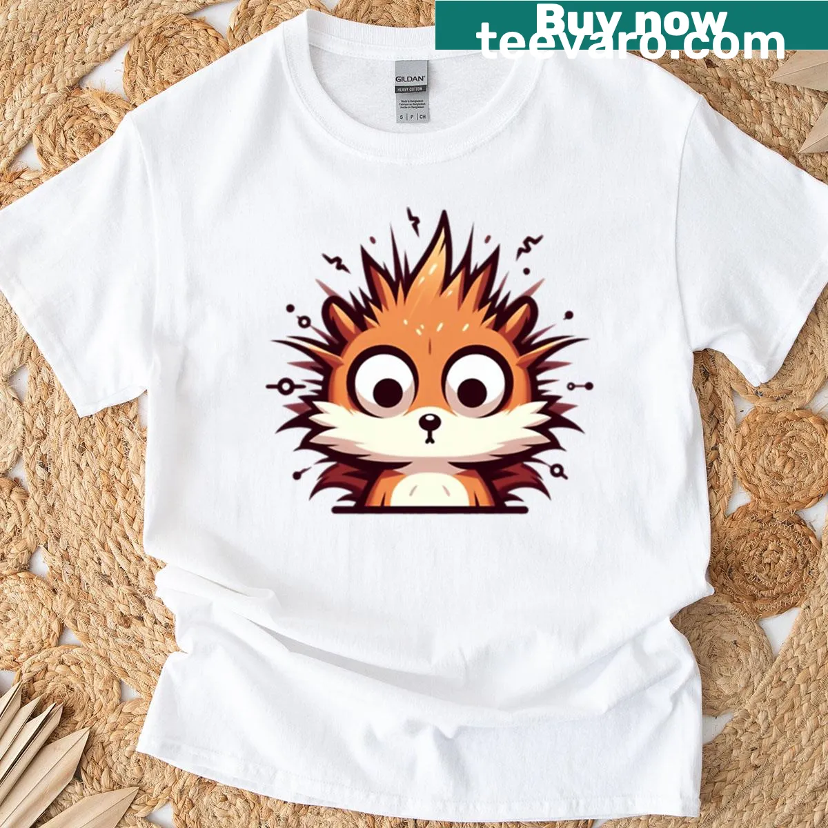 Cartoon squirrel with static fur in a funny surprised illustration — on a men's t-shirt