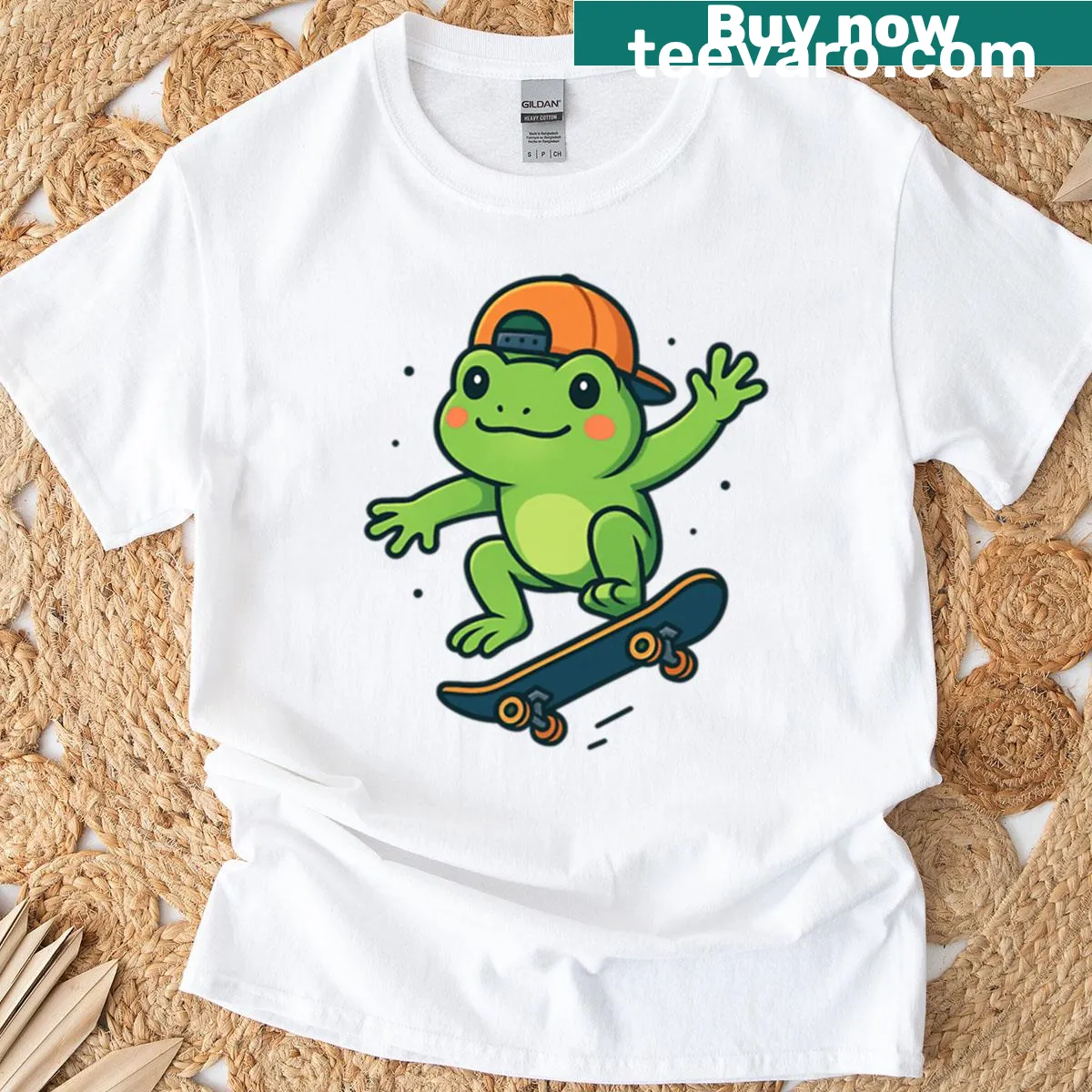 Cool skateboard frog t-shirt with playful design — on a men's t-shirt