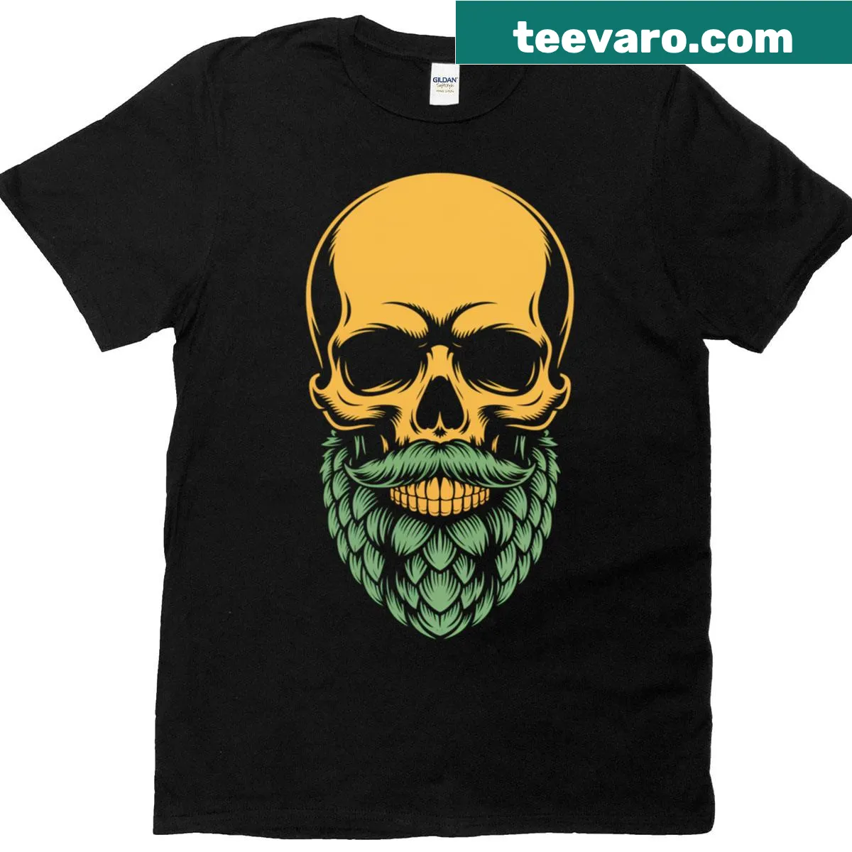 Illustration of a skull with a beard and brewing elements on a T-shirt — on a men's t-shirt