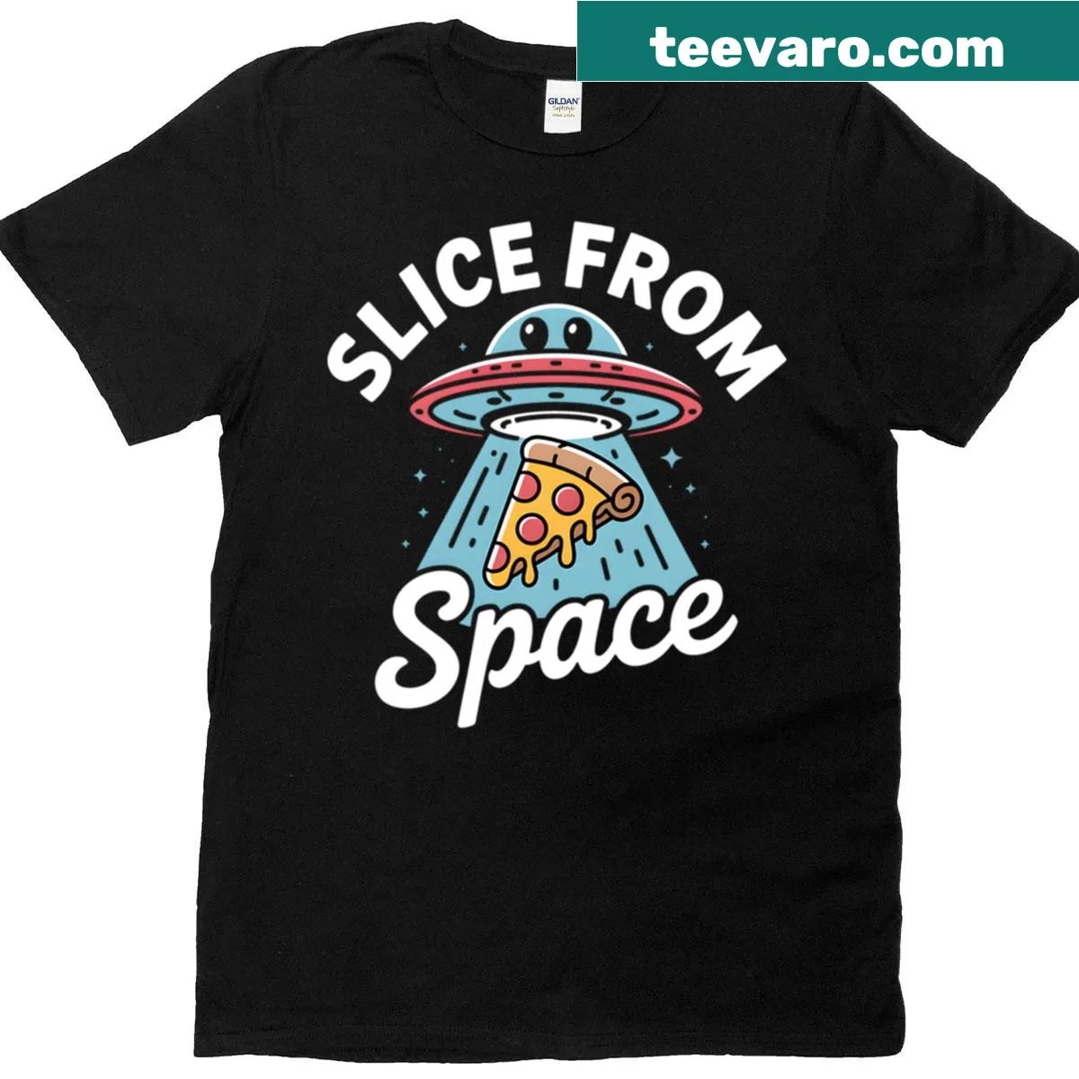 UFO pizza abduction graphic T-shirt — on a men's t-shirt