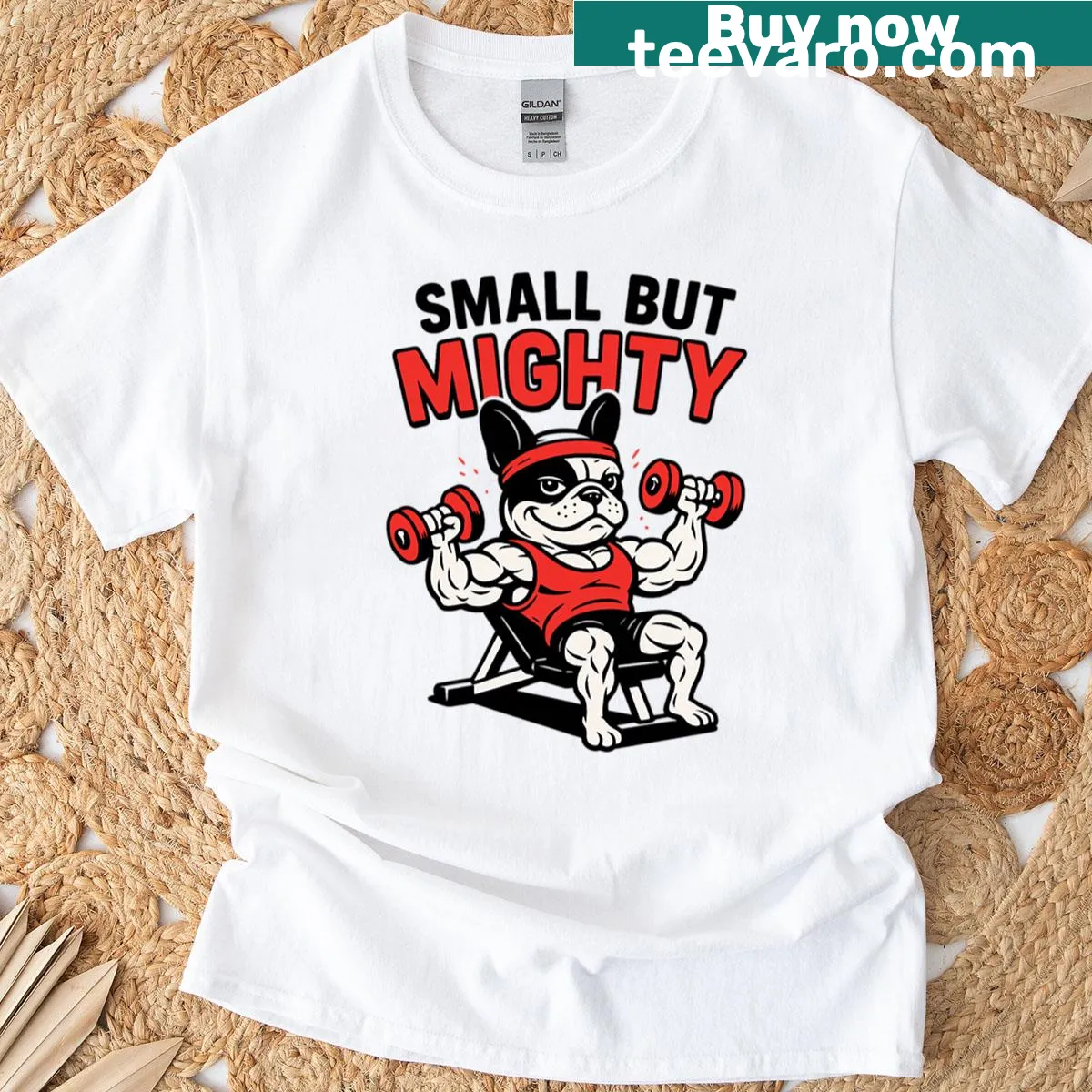 Illustration of a small boy and a French Bulldog with the phrase 'Mighty Gym Beast'. — on a men's t-shirt