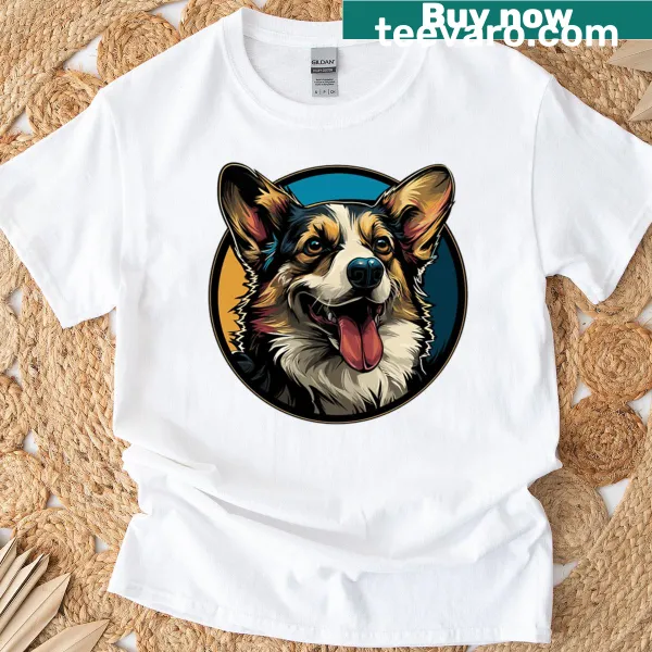Cute T-shirt featuring a smiling corgi illustration