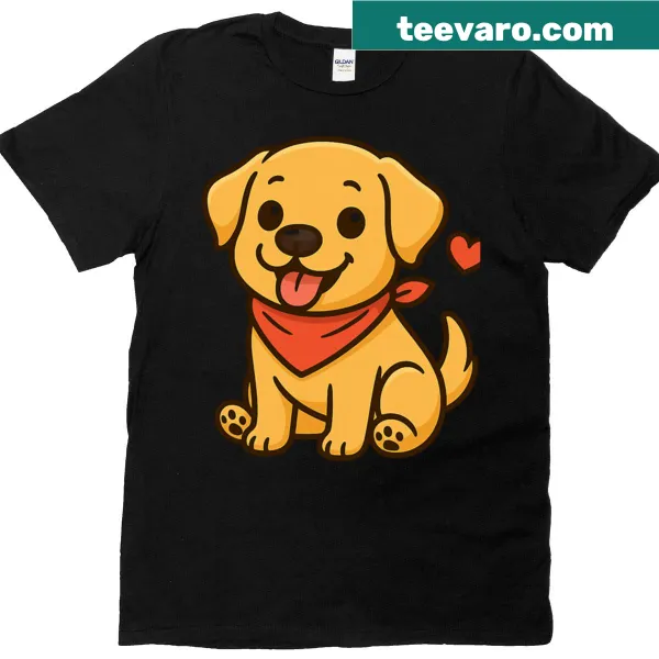 A smiling Labrador wearing a bandana with a heart graphic