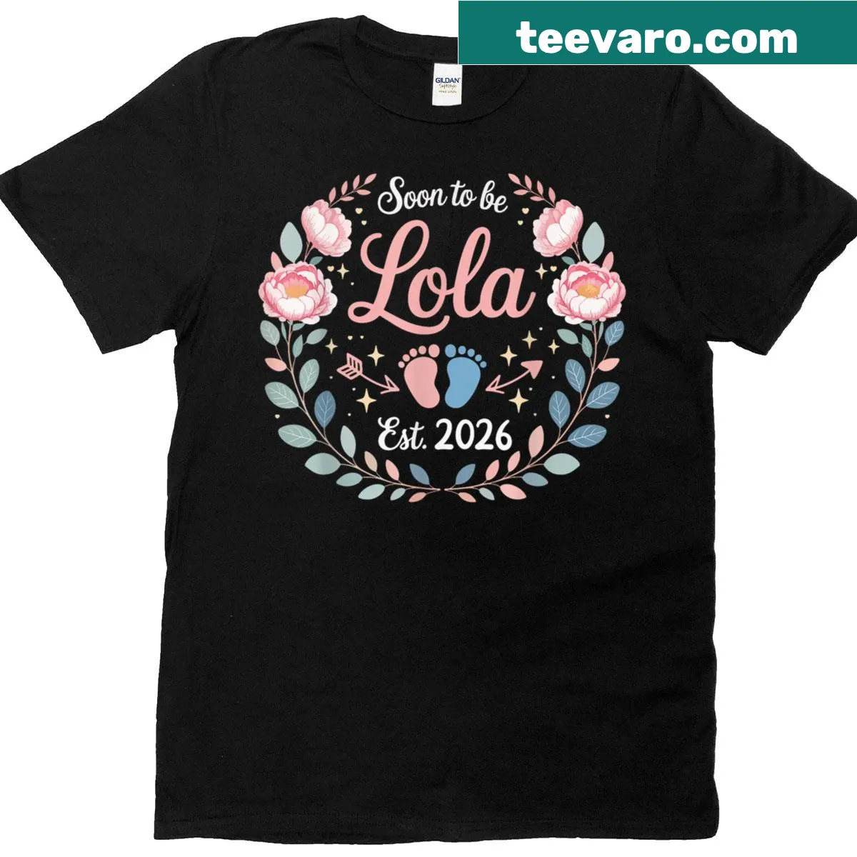 Floral design T-shirt saying Soon To Be Lola Est 2026 — on a men's t-shirt