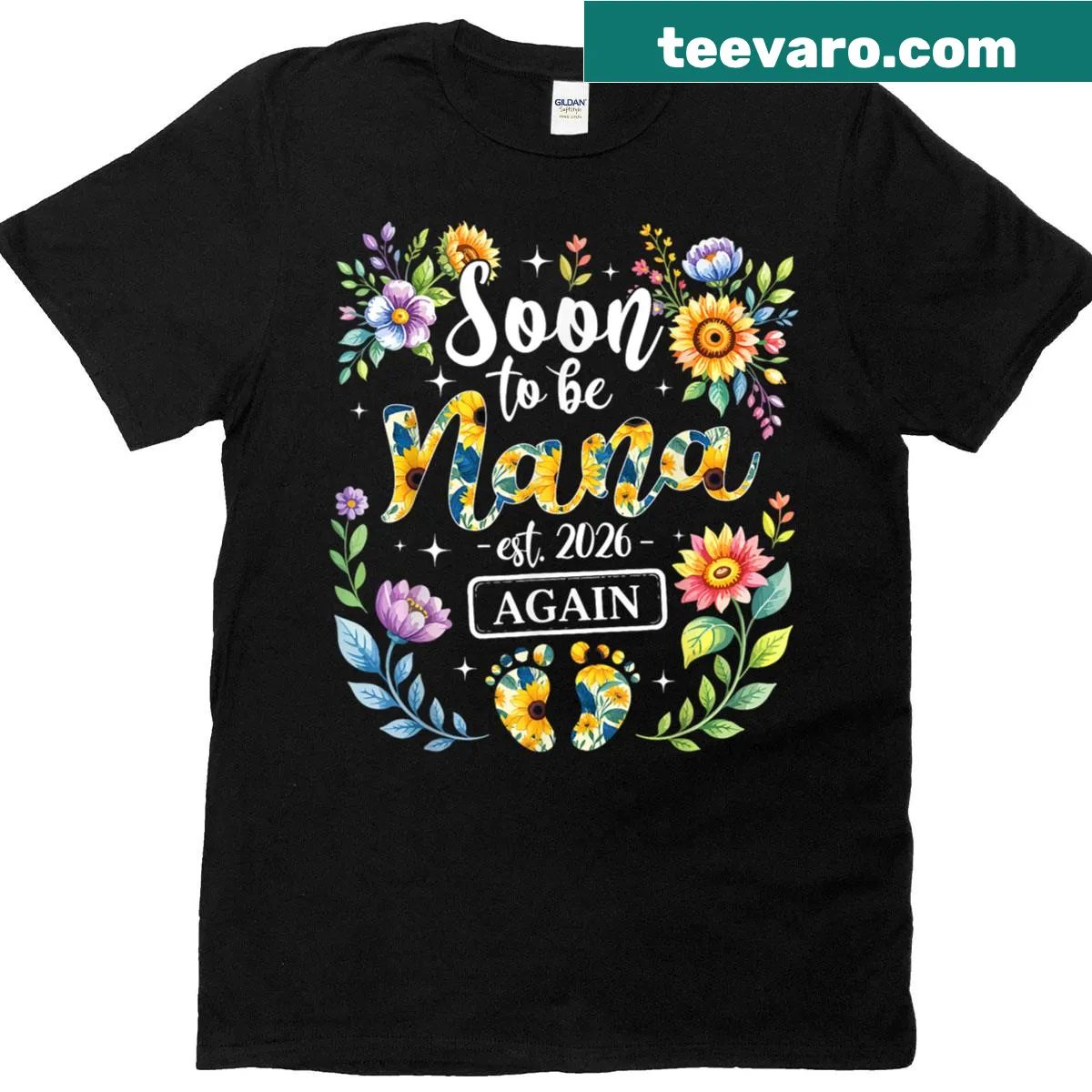 Floral design T-shirt saying Soon To Be Nana Again Est 2026 — on a men's t-shirt