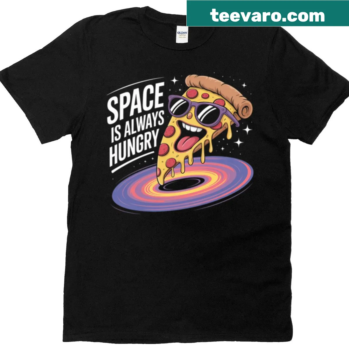Playful T-shirt with the phrase 'Space Is Always Hungry' — on a men's t-shirt