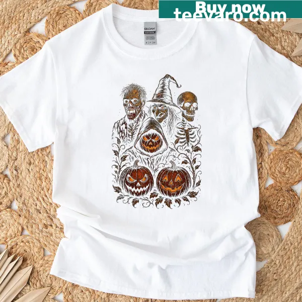 Creepy Halloween design with pumpkin, witch, zombie, and skeleton
