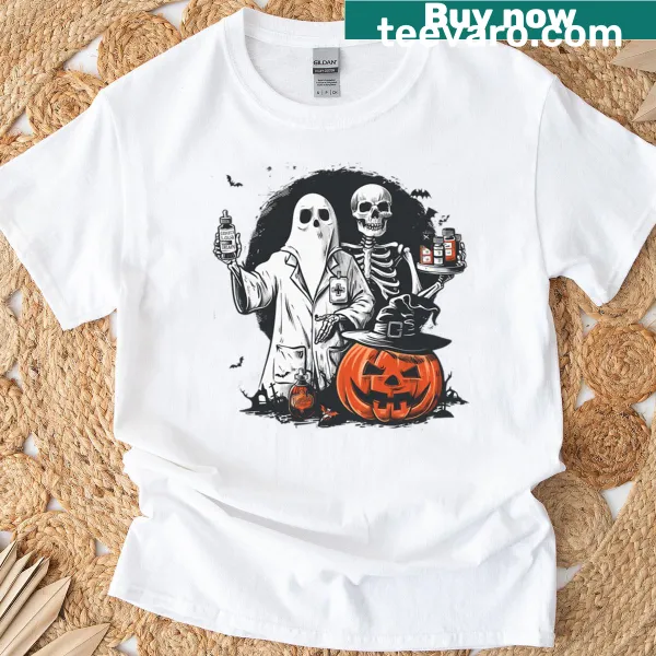 Ghost doctor and skeleton design for Halloween on oversized T-shirt