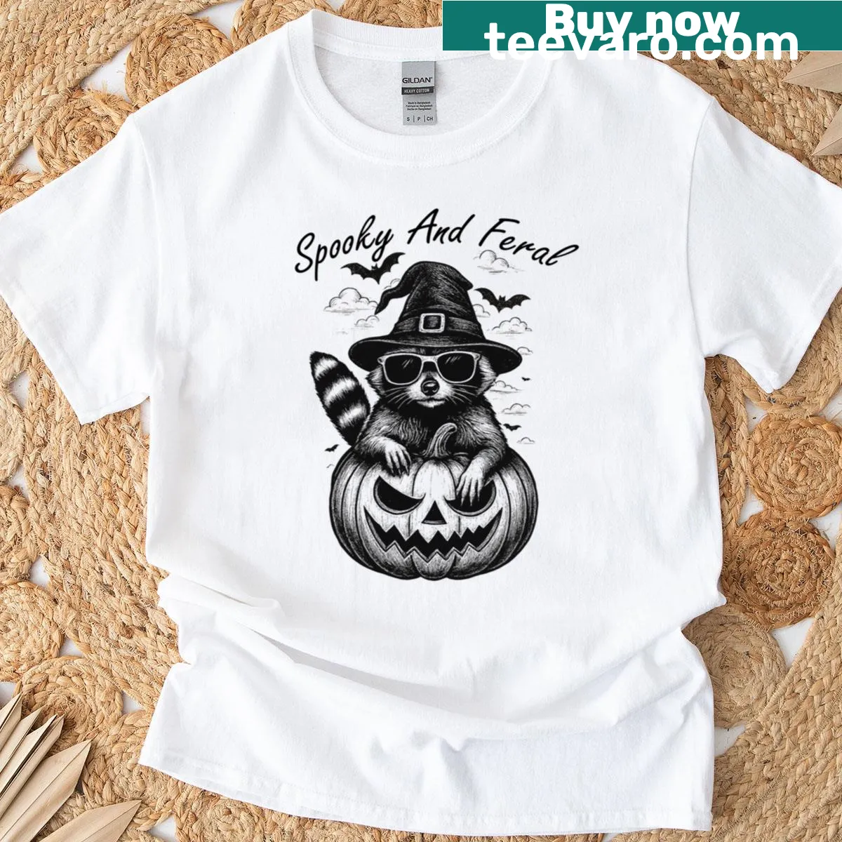 Funny spooky raccoon design on an oversized Halloween shirt — on a men's t-shirt