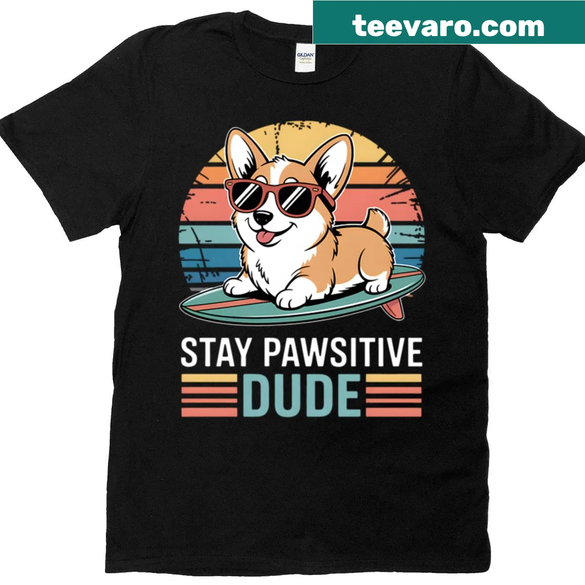Retro t-shirt with a surfing corgi encouraging positivity — on a men's t-shirt