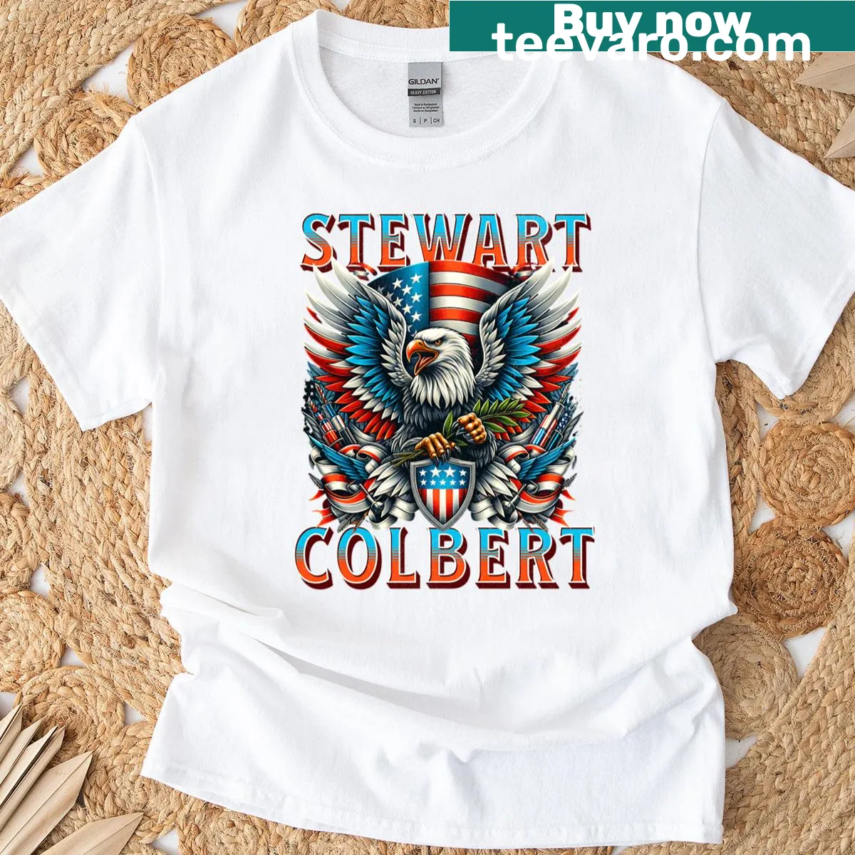 Funny retro presidential election t-shirt featuring Stewart Colbert 2028 — on a men's t-shirt