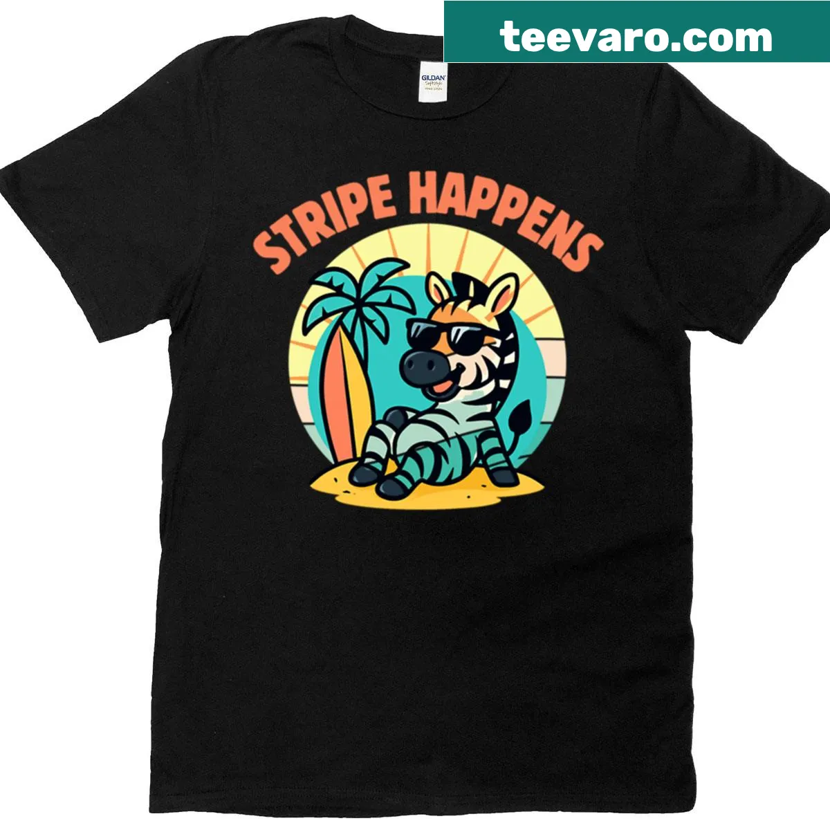 Funny typographic T-shirt with the phrase 'Stripe Happens' — on a men's t-shirt