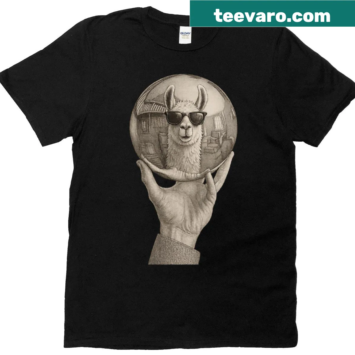 Surreal T-shirt featuring a llama inspired by Escher — on a men's t-shirt