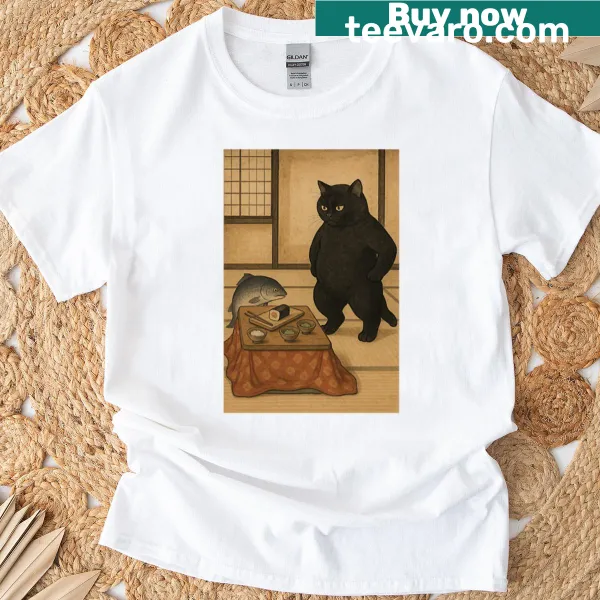 Unique shirt featuring a surreal cat and sushi design