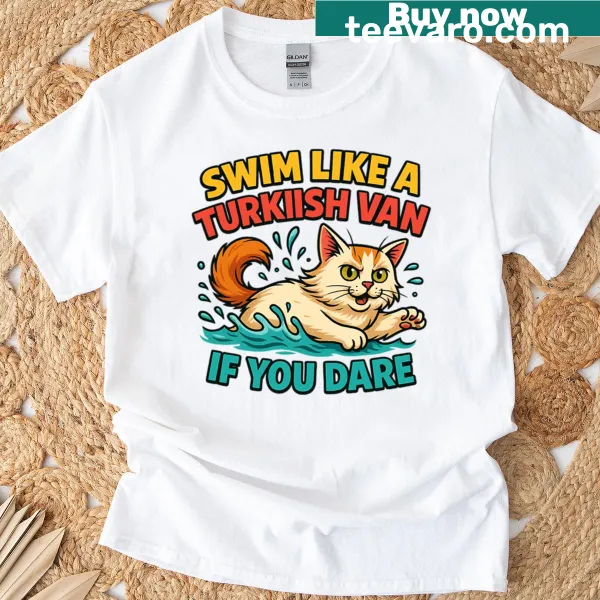 Oversized T-shirt promoting bold swimming spirit of the Turkish Van cat