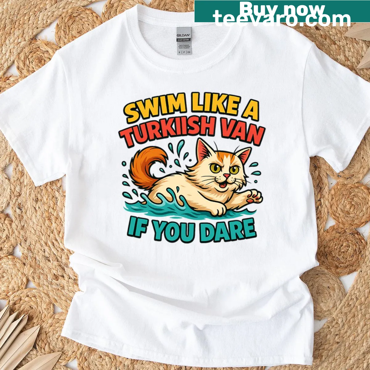 Oversized T-shirt promoting bold swimming spirit of the Turkish Van cat — on a men's t-shirt