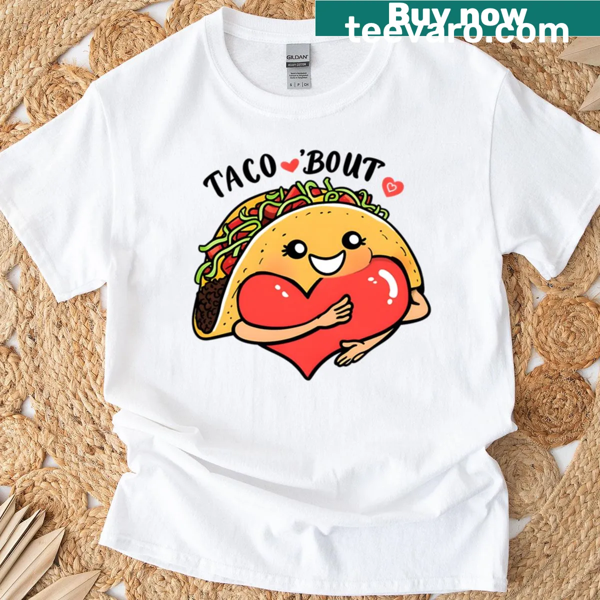 Cute taco hugging heart T-shirt with food pun design — on a men's t-shirt