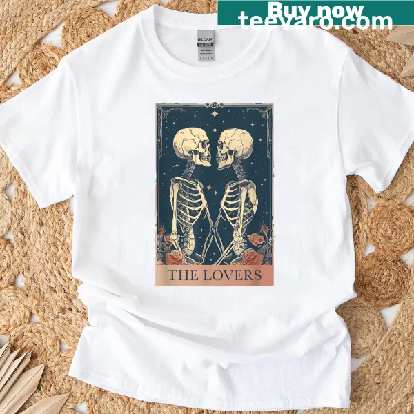 Goth T-shirt featuring 'The Lovers' tarot card with skeletons