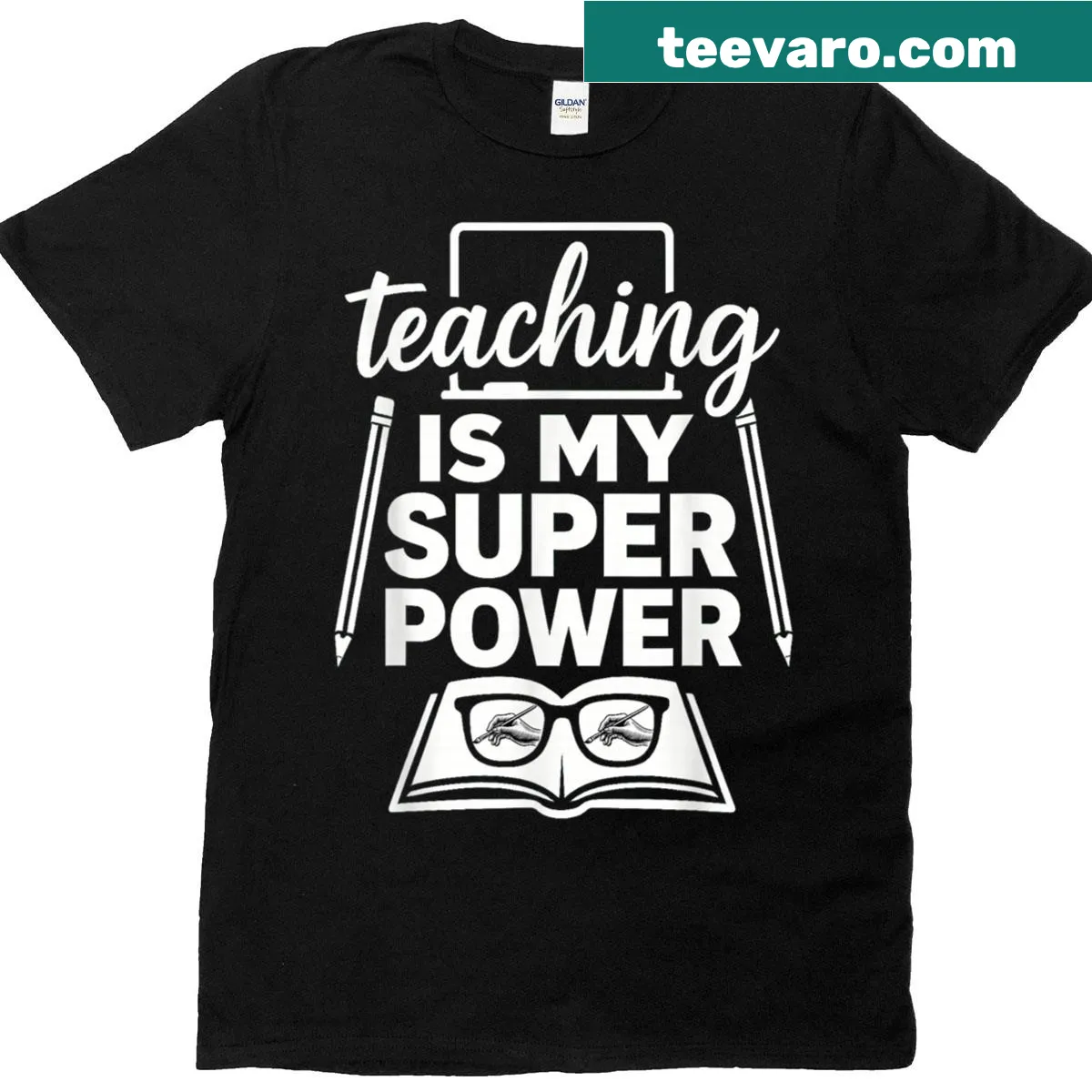 Funny teaching quote t-shirt with the text 'Teaching Is My Superpower' — on a men's t-shirt