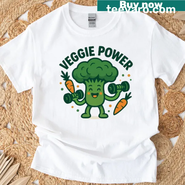 Cartoon broccoli lifting weights graphic on a T-shirt