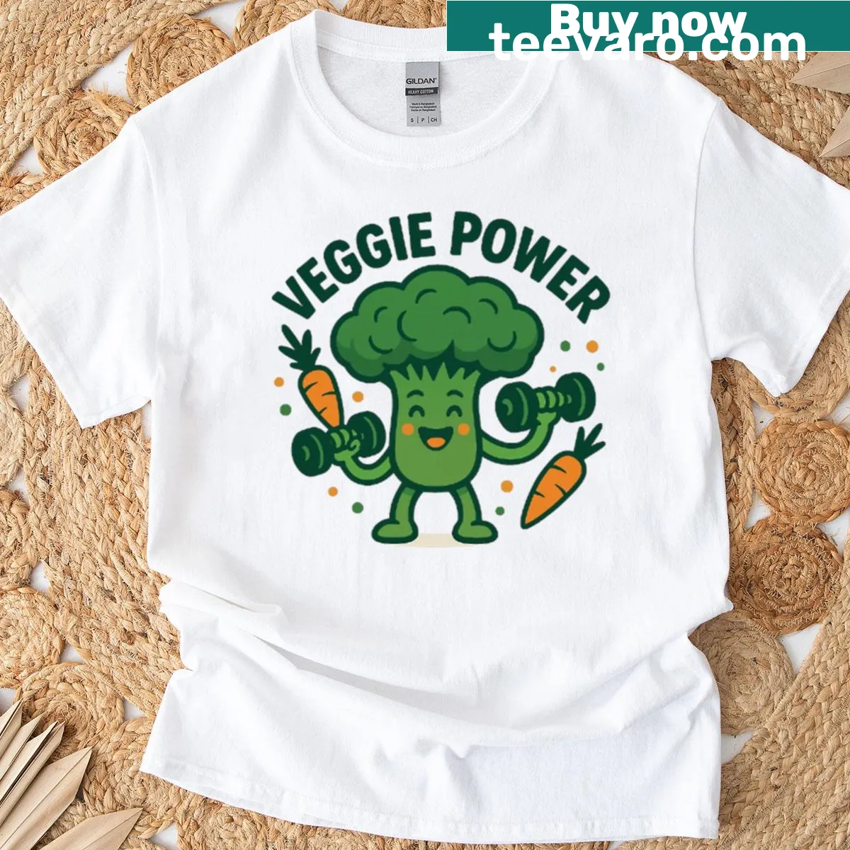 Cartoon broccoli lifting weights graphic on a T-shirt — on a men's t-shirt