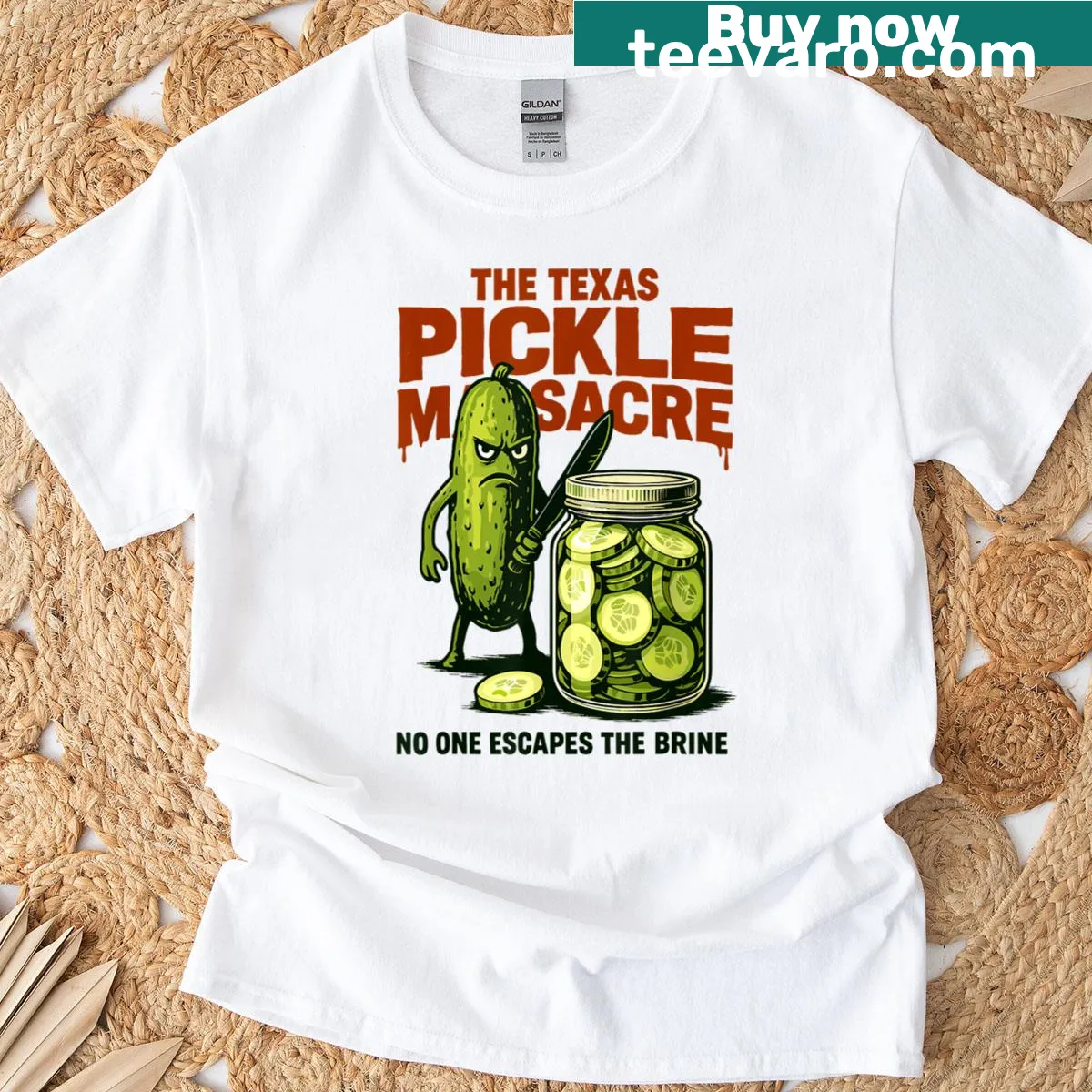 Vintage-style Texas Pickle Massacre graphic featuring a humorous pickle — on a men's t-shirt