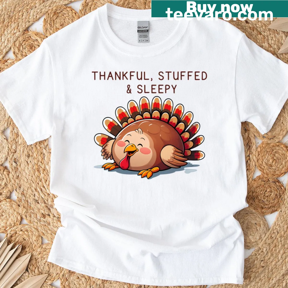Funny Thanksgiving T-shirt with a sleepy stuffed character design — on a men's t-shirt