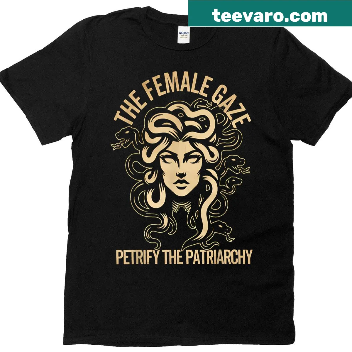 Empowering Medusa t-shirt promoting feminist themes and the female gaze — on a men's t-shirt