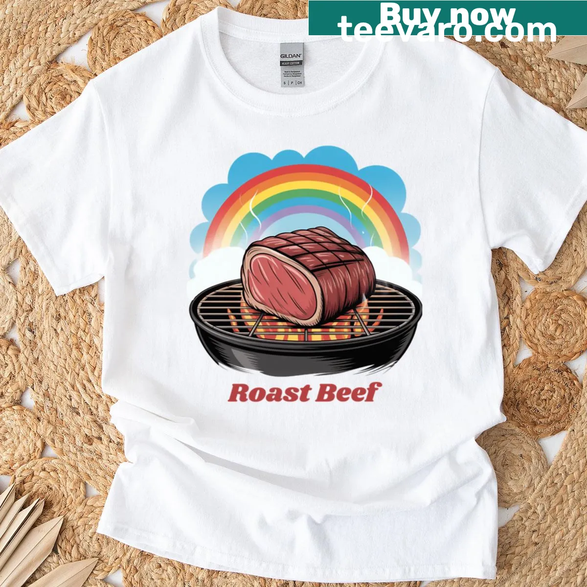 Funny barbecue t-shirt featuring roast beef and humorous text — on a men's t-shirt