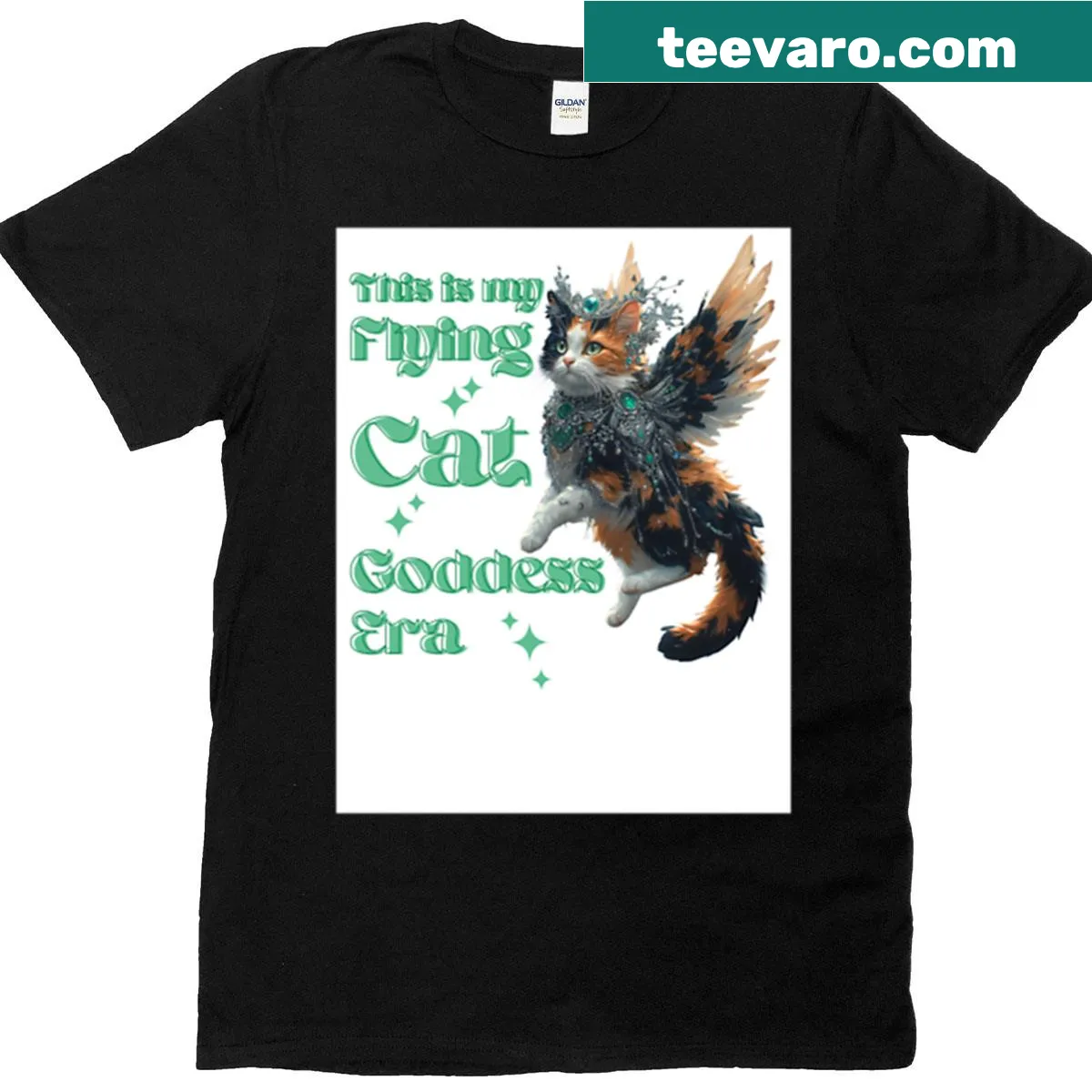Text graphic reading 'This Is My Flying Cat Goddess Era' on a T-shirt. — on a men's t-shirt