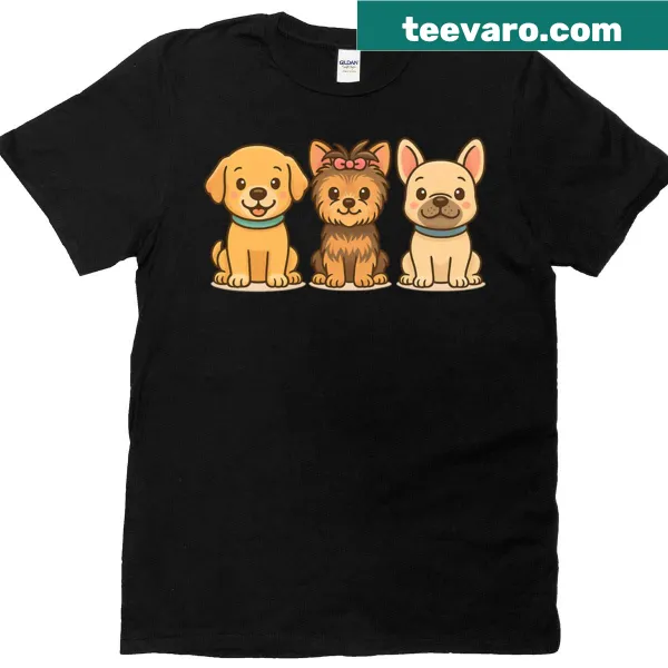 Cartoon T-shirt featuring three cute dogs in a funny design