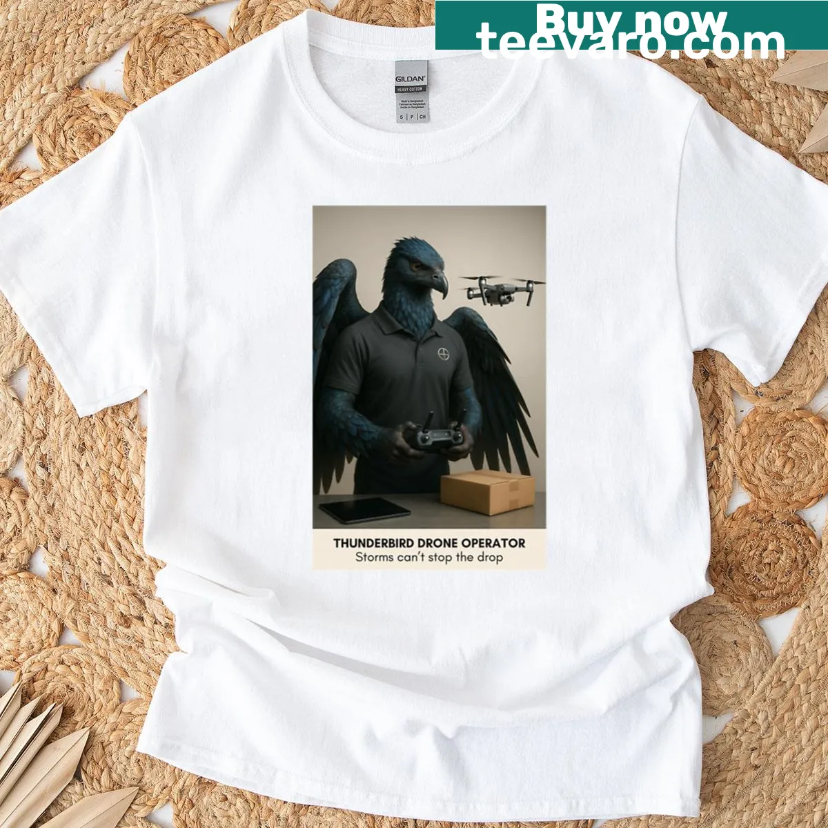 Illustration of a drone delivering a cryptid, fun mythical art on T-shirt. — on a men's t-shirt
