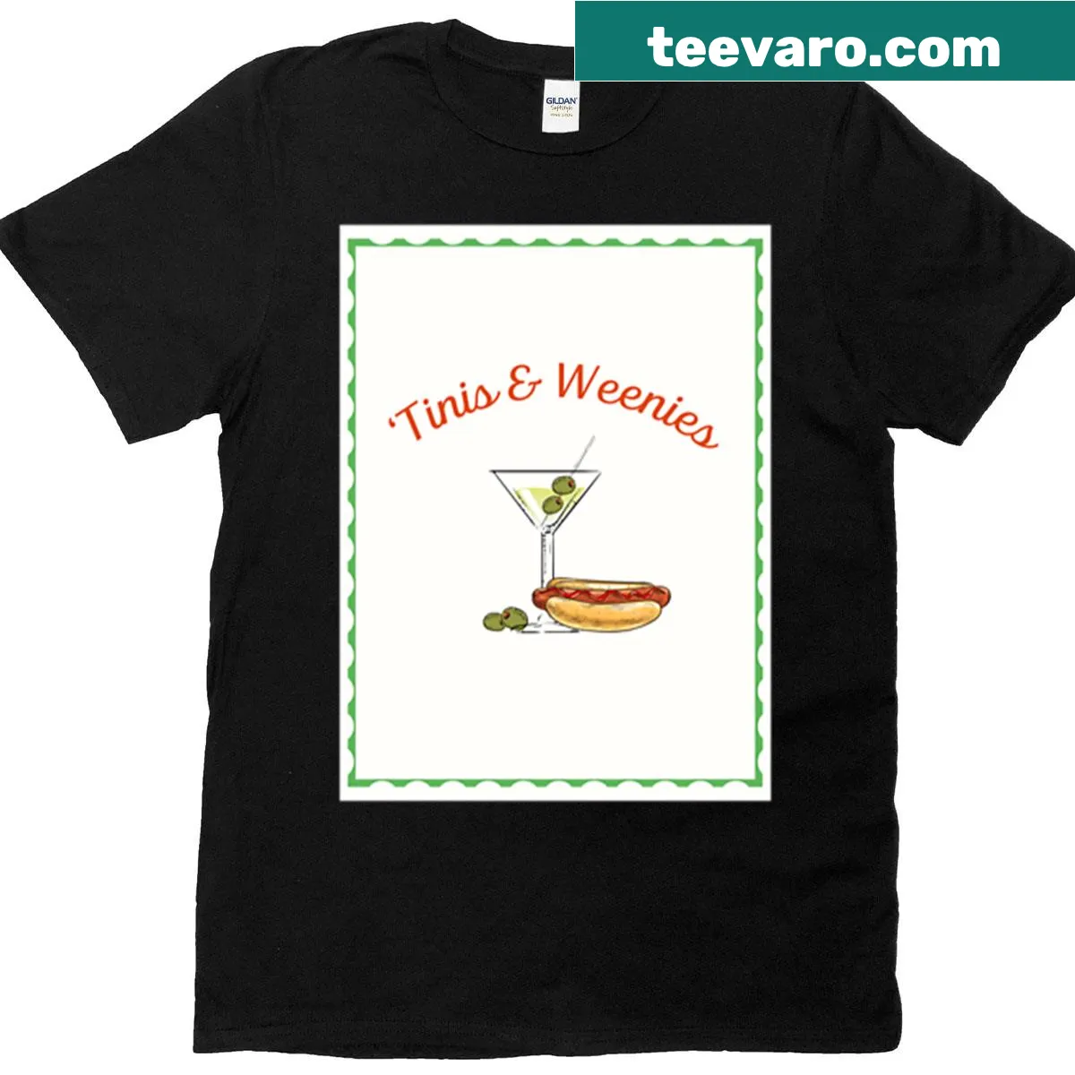 Humorous graphic t-shirt with the phrase 'Tinis And Weenies' — on a men's t-shirt