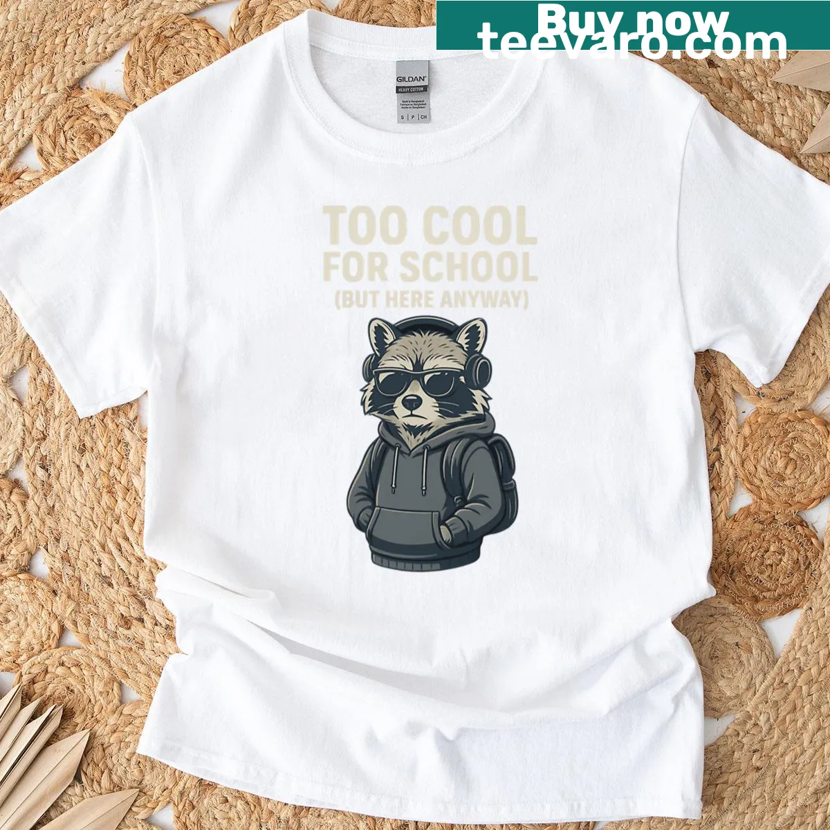 Funny raccoon graphic saying 'Too Cool For School' on T-shirt — on a men's t-shirt