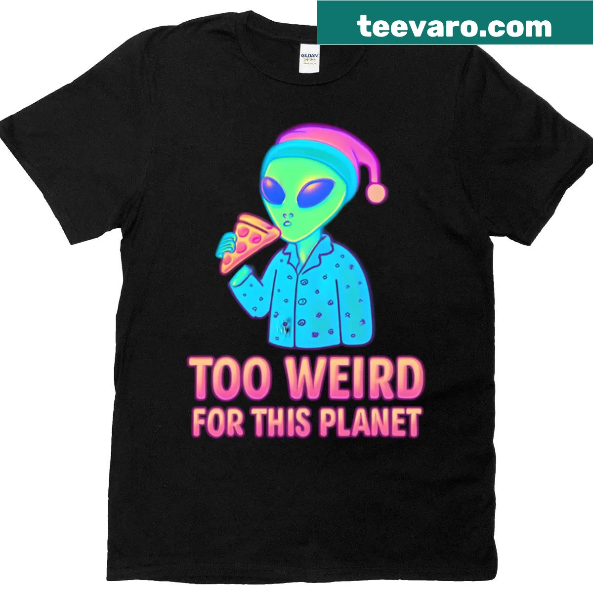 T-shirt with a cosmic alien in pajamas and text about being weird — on a men's t-shirt