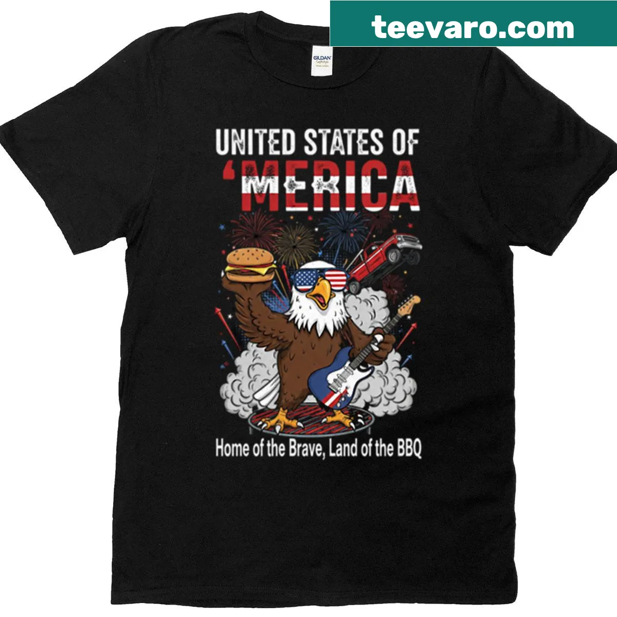 Patriotic T-shirt with BBQ theme and American pride — on a men's t-shirt