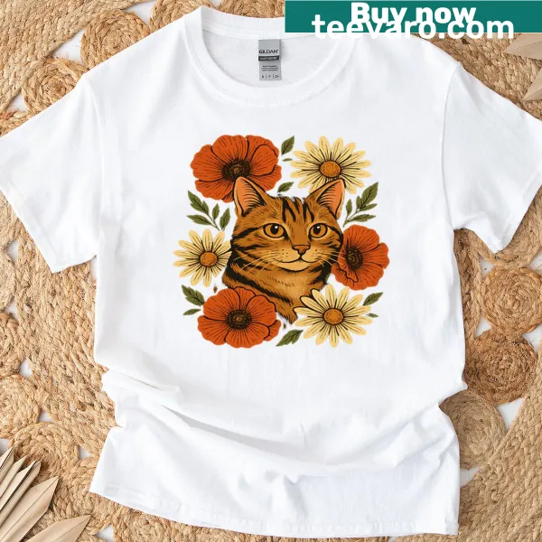 Playful pop art graphic of a tabby cat on a t-shirt
